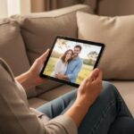 Femme assise sur un canapé regardant une photo de couple sur une tablette