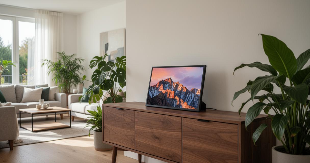 Cadre photo numérique posé sur un meuble en bois dans un salon lumineux